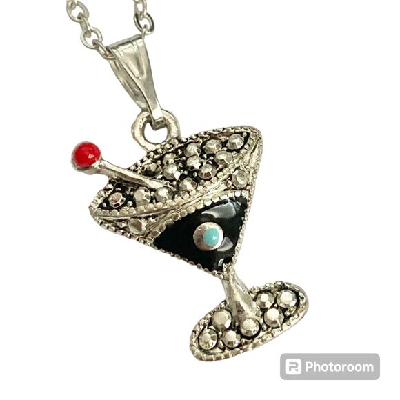 Martini Cocktail Drink Cup Glass Charm Necklace Pendant Black Enamel 18" Chain - Picture 7 of 9